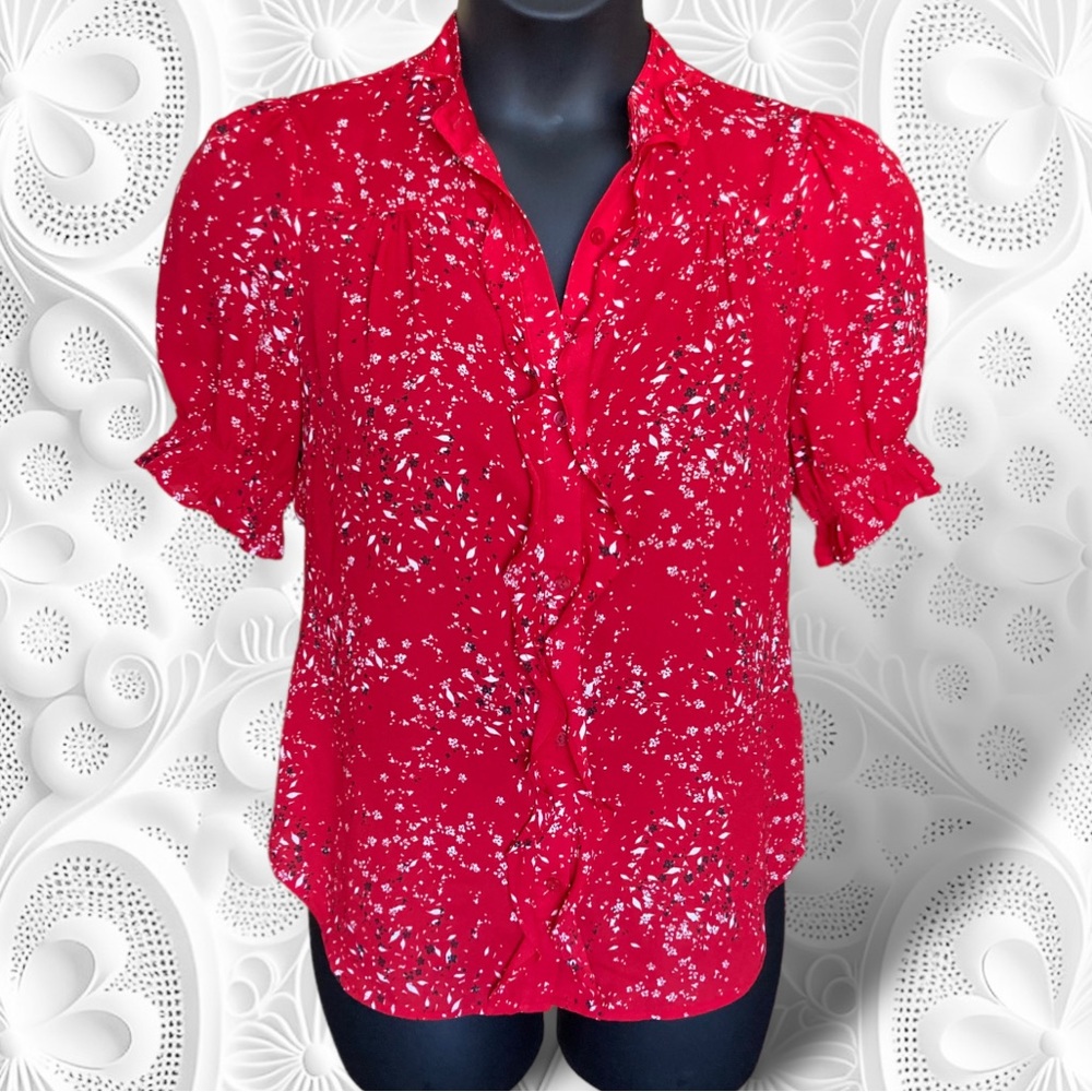 Worthington Red Sheer Floral Button-Up Blouse w. Light Ruffle Puff Sleeve